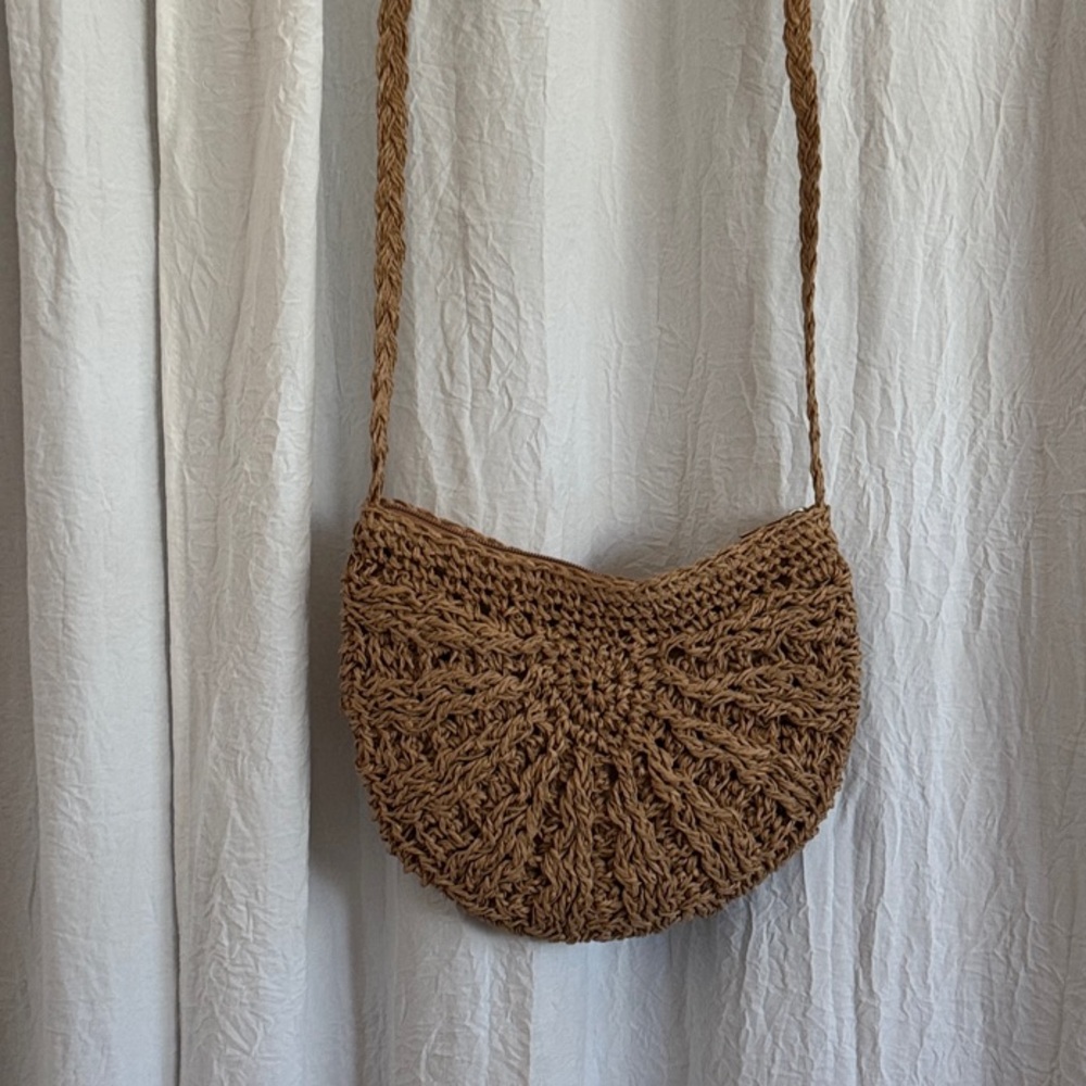 Handwoven Brown Straw Crossbody Bag